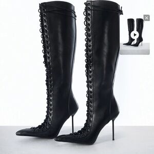 Elegant Black Lace-Up Knee-High Boots never worn!